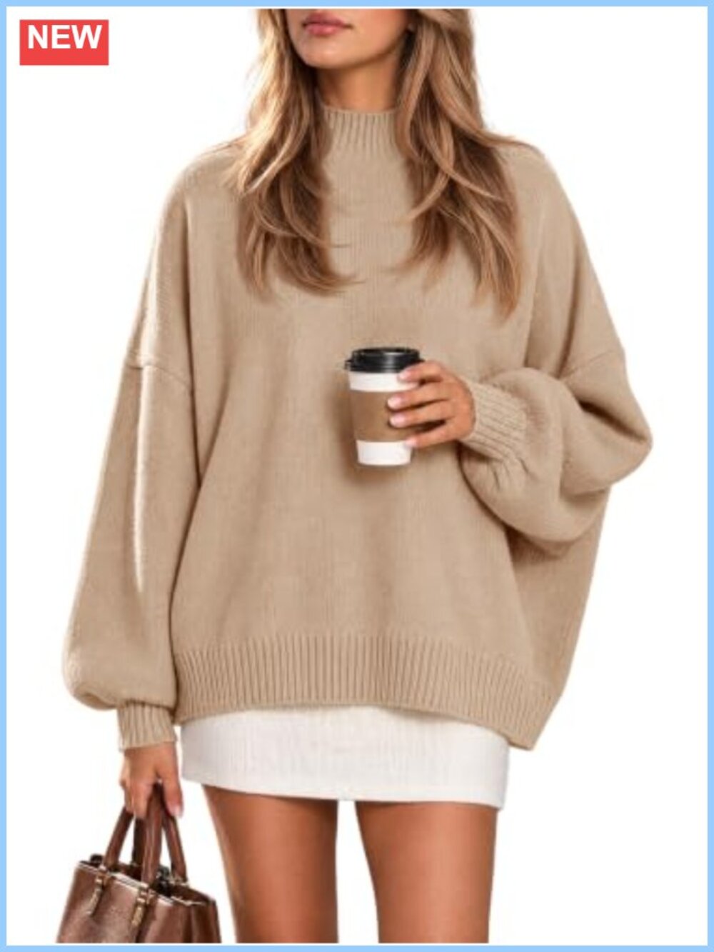 Oversized Mock Neck Pullover Tunic Sweater Slouchy Lantern Sleeve Knit